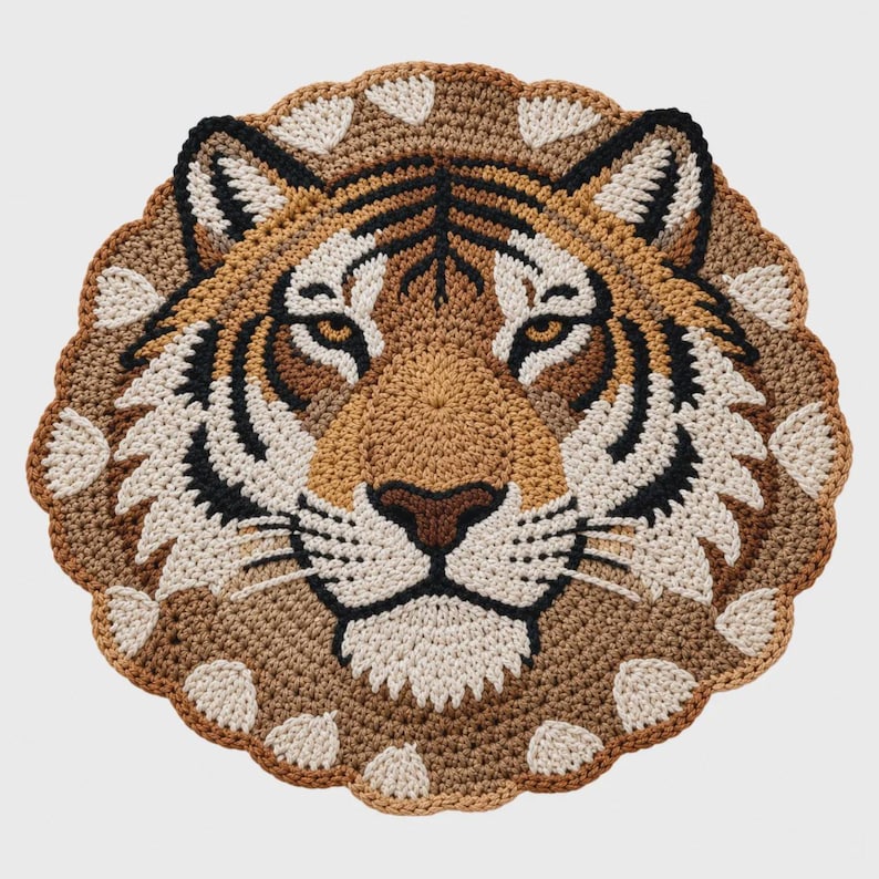 Puede incluir: Una cara de tigre redonda, tejida a ganchillo, en tonos marr&oacute;n, beige, negro y crema. La cara del tigre est&aacute; centrada, con rayas y rasgos faciales detallados. El borde tiene un borde festoneado con puntos color crema.