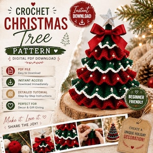 Puede incluir: Un patrón de árbol de Navidad a ganchillo en descarga digital PDF que muestra un árbol escalonado con capas de volantes rojos y verde oscuro, detalles de cuentas blancas y una estrella plateada. Incluye un lazo rojo e instrucciones.