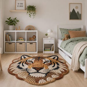 Puede incluir: Una alfombra redonda hecha a mano con forma de cara de tigre, en tonos marr&oacute;n, beige, negro y crema. La alfombra est&aacute; colocada en un dormitorio infantil con una cama blanca, ropa de cama verde y arte mural decorativo. El ambiente es acogedor y juguet&oacute;n.