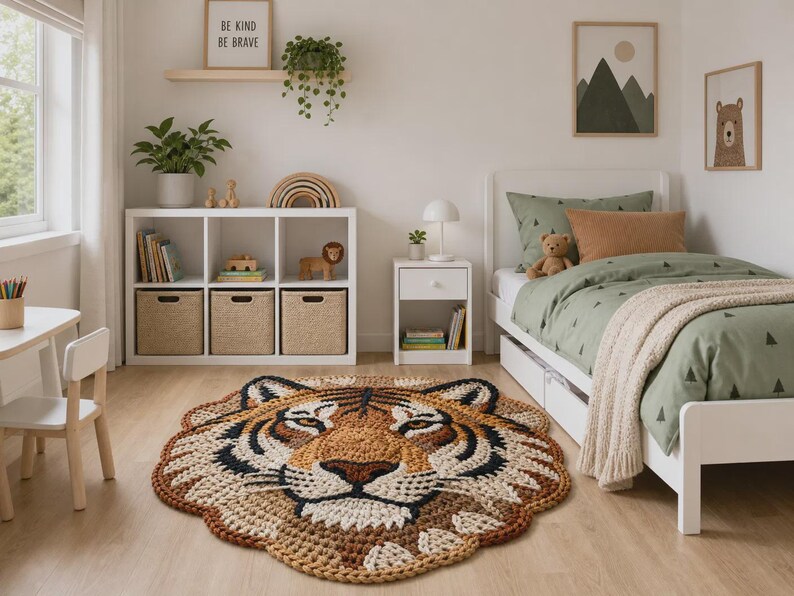 Puede incluir: Una alfombra redonda hecha a mano con forma de cara de tigre, en tonos marr&oacute;n, beige, negro y crema. La alfombra est&aacute; colocada en un dormitorio infantil con una cama blanca, ropa de cama verde y arte mural decorativo. El ambiente es acogedor y juguet&oacute;n.