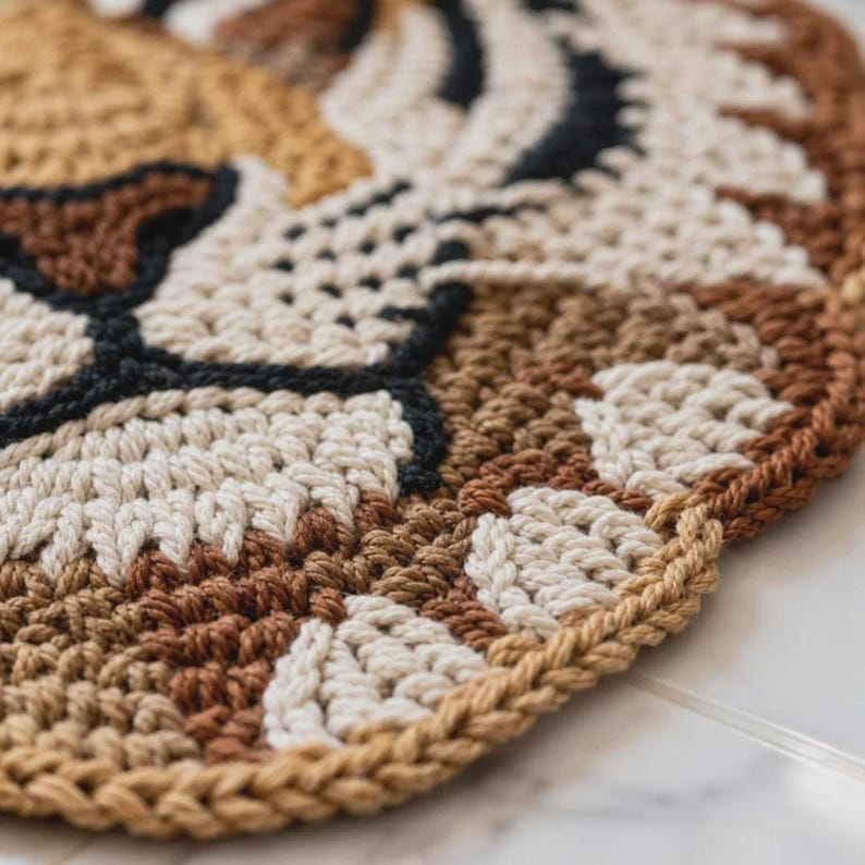 Puede incluir: Alfombra de ganchillo con forma de cara de tigre. El dise&ntilde;o detallado utiliza hilos marrones, crema y negros. Los bordes est&aacute;n acabados con un borde trenzado, creando una pieza texturizada y decorativa, ideal para un dormitorio.