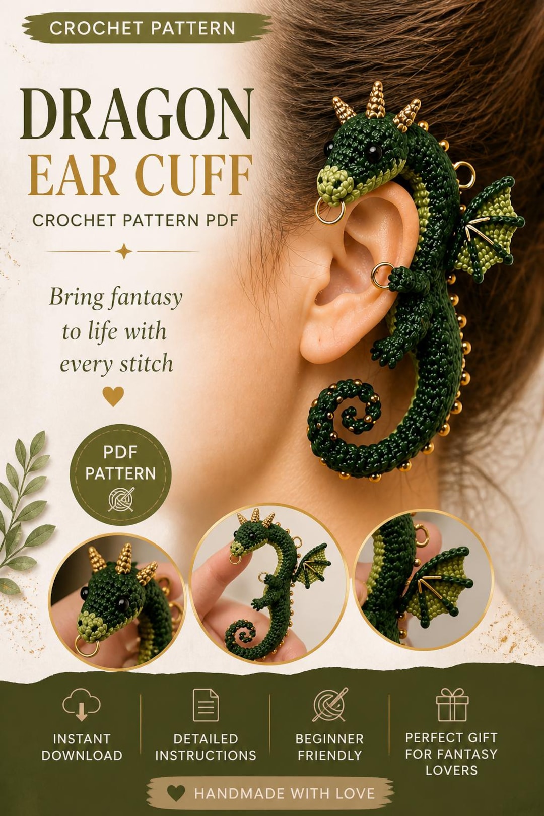 Drawstring Cuff Pattern Dragon Ear Cuff Crochet Pattern, Fantasy Amigurumi PDF Tutorial ...
