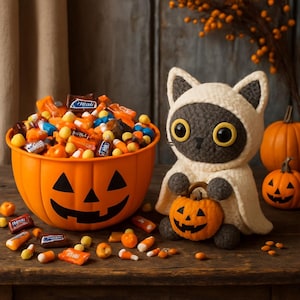 May include: An orange jack-o'-lantern candy bowl filled with assorted candies sits next to a cat-shaped plush toy wearing a hooded cloak and holding a small pumpkin. Two carved pumpkins and candy corn are also visible.