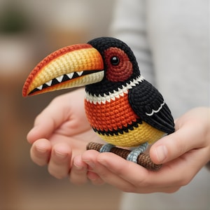 Może przedstawiać: Ręcznie robiony szydełkowy tukan z dużym, kolorowym dziobem. Ptak ma czarną głowę, pomarańczowy i żółty tułów i siedzi na małej, brązowej gałęzi. Tukan trzymany jest w otwartych dłoniach.