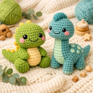 Paquete de patrones de dinosaurio amigurumi de ganchillo: T-Rex, peluche Brachiosaurus (PDF, apto para principiantes)