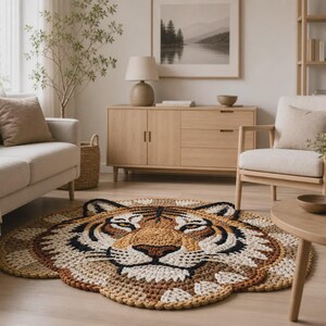 Puede incluir: Una alfombra redonda hecha a mano con forma de cara de tigre. La alfombra presenta un dise&ntilde;o detallado con hilos marrones, beige, negros y blancos. Est&aacute; colocada sobre un suelo de madera clara en un sal&oacute;n.