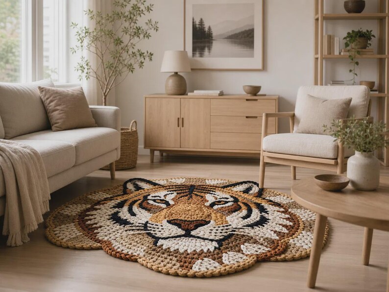 Puede incluir: Una alfombra redonda hecha a mano con forma de cara de tigre. La alfombra presenta un dise&ntilde;o detallado con hilos marrones, beige, negros y blancos. Est&aacute; colocada sobre un suelo de madera clara en un sal&oacute;n.