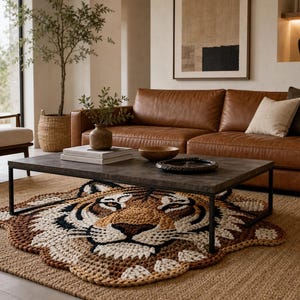Puede incluir: Sal&oacute;n con un sof&aacute; de cuero marr&oacute;n, una mesa de centro gris oscuro y una alfombra con forma de tigre. La alfombra es principalmente beige, marr&oacute;n y negra. Tambi&eacute;n se ven un sill&oacute;n beige y un &aacute;rbol en maceta.