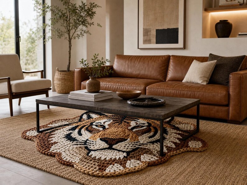 Puede incluir: Sal&oacute;n con un sof&aacute; de cuero marr&oacute;n, una mesa de centro gris oscuro y una alfombra con forma de tigre. La alfombra es principalmente beige, marr&oacute;n y negra. Tambi&eacute;n se ven un sill&oacute;n beige y un &aacute;rbol en maceta.