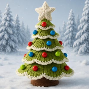 May include: A handcrafted, green crocheted Christmas tree with white trim and colorful ornaments. The tree is topped with a white star and sits on a brown base. The background features a snowy forest scene.
