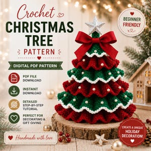 May include: A crochet Christmas tree pattern digital PDF featuring a tiered green and red tree with white scalloped edges, pearl accents, and a red bow. The text includes Crochet Christmas Tree Pattern, Digital PDF Pattern, and Beginner Friendly.