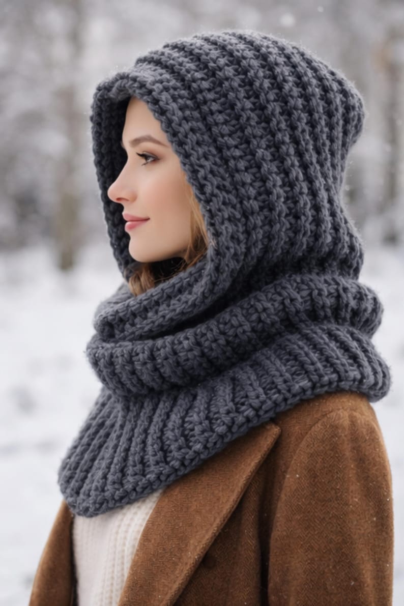 Chunky Crochet Hooded Cowl Scarf Pattern, Beginner Ribbed Winter Warmth ...