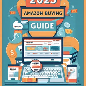 Könnte beinhalten: Eine Illustration für einen Amazon-Einkaufsführer für 2025. Das Bild zeigt einen Laptop mit einer Amazon-Webseite, ein Smartphone und Geld-Symbole. Der Text lautet "AMAZON BUYING GUIDE" und "STEP-BY-STEP PDF PDF GUIDE OF PROMISNG THOUSANDS OF DLLLARS OF N SAVINGS!"