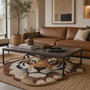 Puede incluir: Un sal&oacute;n con un sof&aacute; de cuero marr&oacute;n, una mesa de centro gris oscuro y una alfombra con forma de tigre. La alfombra es principalmente beige, marr&oacute;n y blanca. Tambi&eacute;n se ven un sill&oacute;n beige y una cesta tejida con una planta.