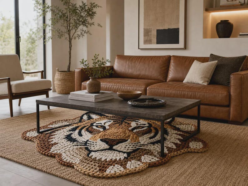 Puede incluir: Un sal&oacute;n con un sof&aacute; de cuero marr&oacute;n, una mesa de centro gris oscuro y una alfombra con forma de tigre. La alfombra es principalmente beige, marr&oacute;n y blanca. Tambi&eacute;n se ven un sill&oacute;n beige y una cesta tejida con una planta.