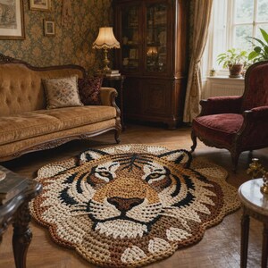 Puede incluir: Una alfombra redonda hecha a mano con la cara de un tigre. La alfombra es principalmente beige, marr&oacute;n y negra, con detalles faciales. La alfombra est&aacute; colocada sobre un suelo de madera en una habitaci&oacute;n con muebles antiguos, como un sof&aacute; y un sill&oacute;n.