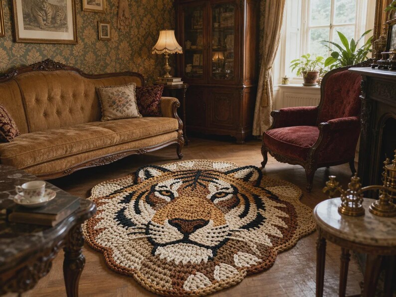 Puede incluir: Una alfombra redonda hecha a mano con la cara de un tigre. La alfombra es principalmente beige, marr&oacute;n y negra, con detalles faciales. La alfombra est&aacute; colocada sobre un suelo de madera en una habitaci&oacute;n con muebles antiguos, como un sof&aacute; y un sill&oacute;n.