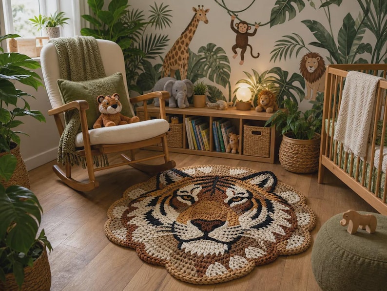 Puede incluir: Un cuarto de ni&ntilde;os con tem&aacute;tica de jungla. Una alfombra con forma de tigre en tonos marr&oacute;n, beige y negro est&aacute; en el suelo. Se ve una mecedora de madera con un coj&iacute;n crema y una almohada verde, junto con una cuna y una estanter&iacute;a. La habitaci&oacute;n est&aacute; decorada con animales de peluche y papel pintado de jungla.