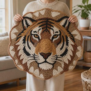 Puede incluir: Una alfombra redonda de ganchillo con la cara de un tigre en tonos marrones, beige y negro. La alfombra presenta un dise&ntilde;o detallado de la cara de un tigre, incluyendo ojos, nariz y rayas. La alfombra tiene un borde festoneado.