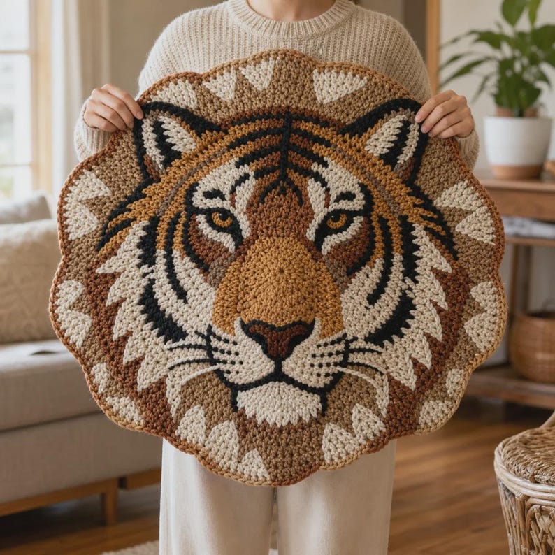 Puede incluir: Una alfombra redonda de ganchillo con la cara de un tigre en tonos marrones, beige y negro. La alfombra presenta un dise&ntilde;o detallado de la cara de un tigre, incluyendo ojos, nariz y rayas. La alfombra tiene un borde festoneado.