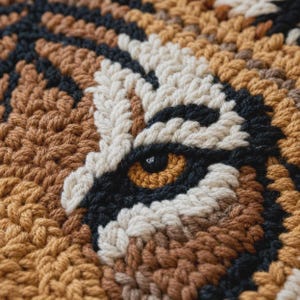 Puede incluir: Primer plano de un ojo de tigre tejido a ganchillo, mostrando detalles intrincados. El ojo tiene un iris dorado, rodeado de negro, blanco y marr&oacute;n. El tejido utiliza varios tonos de marr&oacute;n y beige, creando un efecto texturizado.