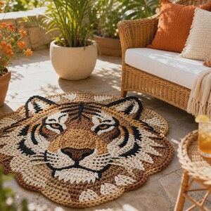 Puede incluir: Una alfombra redonda, tejida a mano, con la forma de la cara de un tigre. La alfombra presenta un dise&ntilde;o detallado con hilo marr&oacute;n, negro y crema. La alfombra est&aacute; colocada en un patio con una silla de mimbre y plantas en macetas en el fondo.