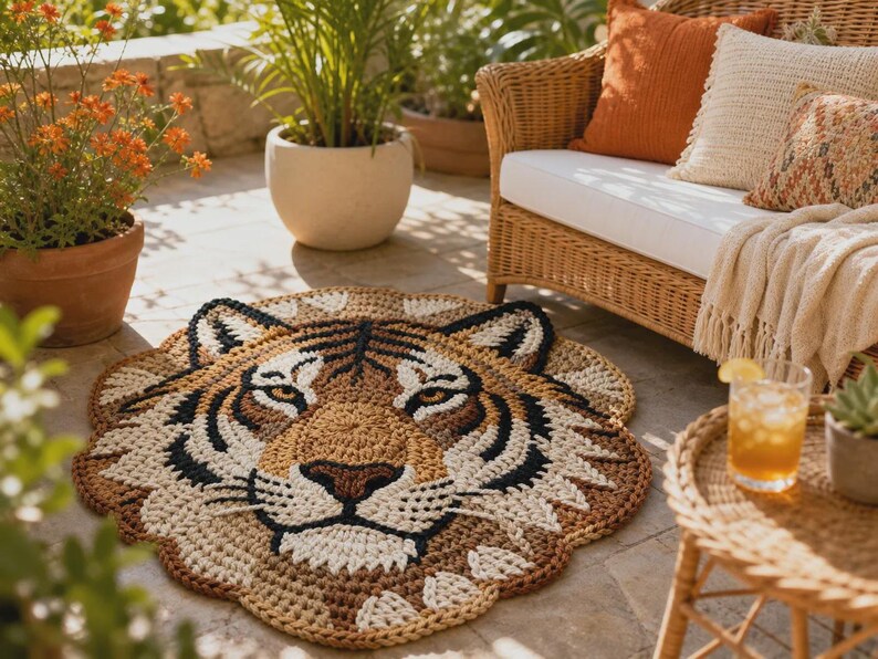 Puede incluir: Una alfombra redonda, tejida a mano, con la forma de la cara de un tigre. La alfombra presenta un dise&ntilde;o detallado con hilo marr&oacute;n, negro y crema. La alfombra est&aacute; colocada en un patio con una silla de mimbre y plantas en macetas en el fondo.