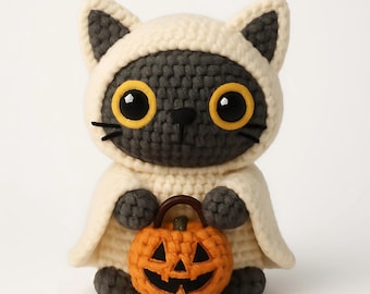 Patrón de crochet de gato fantasma de Halloween: PDF amigurumi (gato disfrazado de 15 cm de alto)