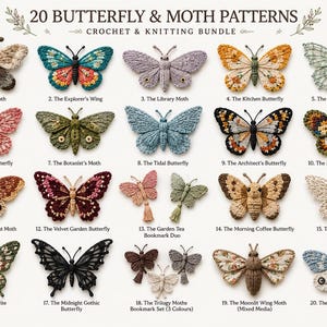 May include: A collection of 20 butterfly and moth patterns titled 20 BUTTERFLY & MOTH PATTERNS CROCHET & KNITTING BUNDLE. The image displays twenty distinct crocheted or knitted insect designs, each labeled with a unique name and number.