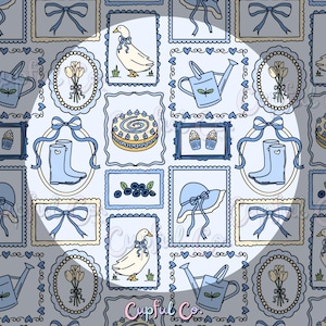 May include: A repeating pattern featuring framed illustrations of a duck, cake, watering can, boots, cupcakes, blueberries, a hat, and bows. The color palette includes light blue, cream, and yellow, creating a whimsical, vintage aesthetic.