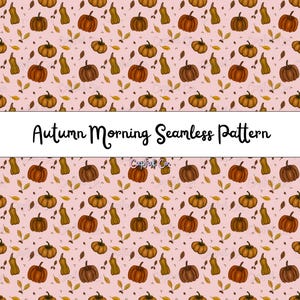 Könnte beinhalten: Ein nahtloses Muster mit Kürbissen, Kürbissen und Blättern in Orange, Braun und Gelb auf hellrosa Hintergrund. Der Text "Autumn Morning Seamless Pattern" wird in einem weißen Banner angezeigt.