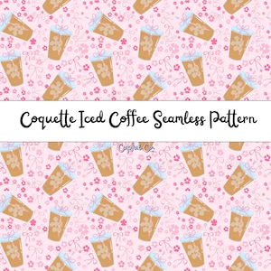 May include: A seamless pattern featuring iced coffee cups with floral and bow accents on a pink background. The text "Coquette Iced Coffee Seamless Pattern" is displayed in a white banner across the image.