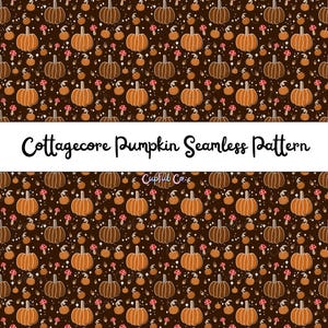 Könnte beinhalten: Ein nahtloses Muster mit Kürbissen und Pilzen in Braun- und Orangetönen auf dunklem braunen Hintergrund. Der Text "Cottagecore Pumpkin Seamless Pattern" ist im Bild zu sehen.