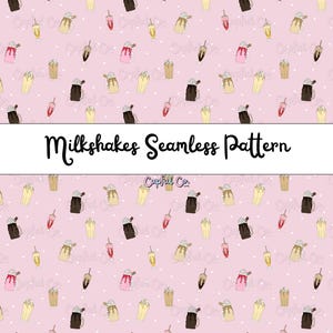 Puede incluir: Patrón sin costuras con ilustraciones de batidos en tonos marrón, rosa y beige, con crema batida y pajitas, sobre un fondo rosa claro con lunares blancos. Se muestra el texto "Milkshakes Seamless Pattern".