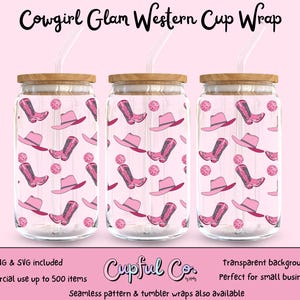 Cowgirl Cup Wrap Glam Western Pink Disco Digital File Glass Can Wrap PNG SVG UVDTF Sublimation Printed Vinyl Transparent Wrap Tileable