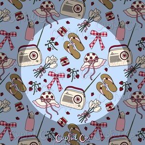 May include: A repeating pattern on a light blue background features a vintage radio, a sun hat with strawberries, flip-flops, a bouquet of white tulips, a jar of jam, a pink drink, and a red and white checkered bow. Strawberries are scattered throughout.