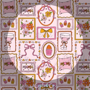 May include: A repeating pattern of framed illustrations in pink, yellow, and orange. The illustrations include flowers, cupcakes, bows, wine glasses, and the word "Mama". The background is a light pink color.