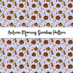 Könnte beinhalten: Nahtloses Muster mit Kürbissen, Kürbissen und Blättern in Orange-, Braun- und Gelbtönen auf hellviolettem Hintergrund. Der Text "Autumn Morning Seamless Pattern" wird in einem weißen Banner angezeigt.
