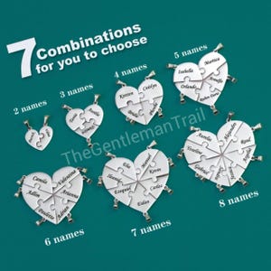 Puede incluir: Una colección de colgantes plateados en forma de corazón, cada uno con piezas de rompecabezas grabadas con nombres. La imagen muestra varias combinaciones, de 2 a 8 nombres por colgante, con el texto "7 Combinations for you to choose".