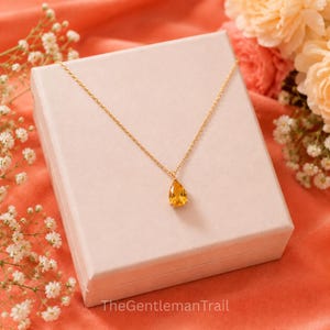May include: A gold chain necklace featuring a single pear-shaped yellow citrine gemstone pendant. The necklace is displayed on a light pink square box. The text TheGentlemanTrail is visible at the bottom of the image in a white font.