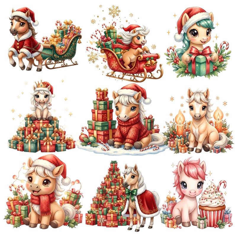 Christmas Horse Watercolor Clipart: Festive Cowboy PNG Bundle (digital ...