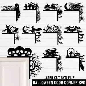 Könnte beinhalten: Eine Sammlung von schwarzen, lasergeschnittenen Halloween-Türeckendekorationen mit verschiedenen Motiven wie Geistern, Kürbissen, Totenköpfen, Hexen, Fledermäusen, Spinnen, Netzen und Bäumen. Ein Design enthält den Text Happy Halloween in schwarzer Schrift.