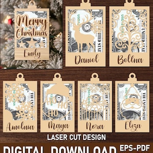 Puede incluir: Una colección de adornos navideños de madera cortados con láser con varios diseños y nombres. Los adornos presentan patrones recortados de un ciervo, copos de nieve, un árbol y Papá Noel. Cada adorno tiene forma rectangular con un agujero para colgar e incluye el texto "Merry Christmas" y nombres como "Emily" y "Daniel".
