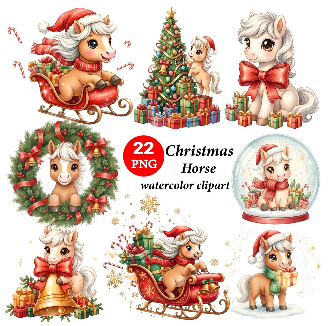 Christmas Horse Watercolor Clipart: Festive Cowboy PNG Bundle (digital ...