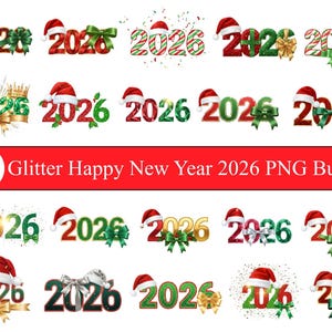 Glitter Happy New Year 2026 png-bundel, retro-sublimatieontwerpen