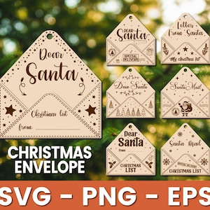 Puede incluir: Una colección de diseños de sobres navideños de madera cortados con láser. Cada sobre presenta las palabras "Querido Santa" o "Correo de Santa", junto con ilustraciones festivas y el texto "Lista de Navidad". La parte inferior de la imagen dice "SOBRE DE NAVIDAD" y "SVG - PNG - EPS".