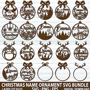 May include: A selection of laser-cut wooden Christmas baubles with diverse designs and names. The baubles feature bows, snowflakes, deer, and other festive elements. The text "CHRISTMAS NAME ORNAMENT SVG BUNDLE" is at the bottom.