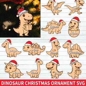 May include: A collection of Christmas ornaments featuring cartoon dinosaurs wearing Santa hats. Each ornament is a different dinosaur shape and has a name on it. The ornaments are tan with red and white accents. The text at the bottom says "DINOSAUR CHRISTMAS ORNAMENT SVG SVG FOR CRICUT & GLOWFORGE."