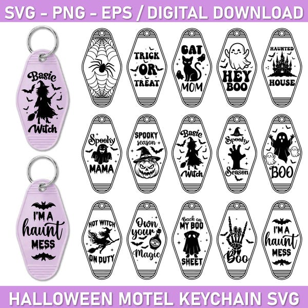Halloween Motel Keychain SVG Bundle | Retro Spooky Key Tag Files (Digital Download)