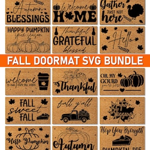 May include: A collection of eighteen rectangular tan coir doormats featuring black printed designs with autumn themes, including pumpkins, turkeys, leaves, trucks, and text such as Autumn Blessings, Welcome Home, and Fall Sweet Fall.